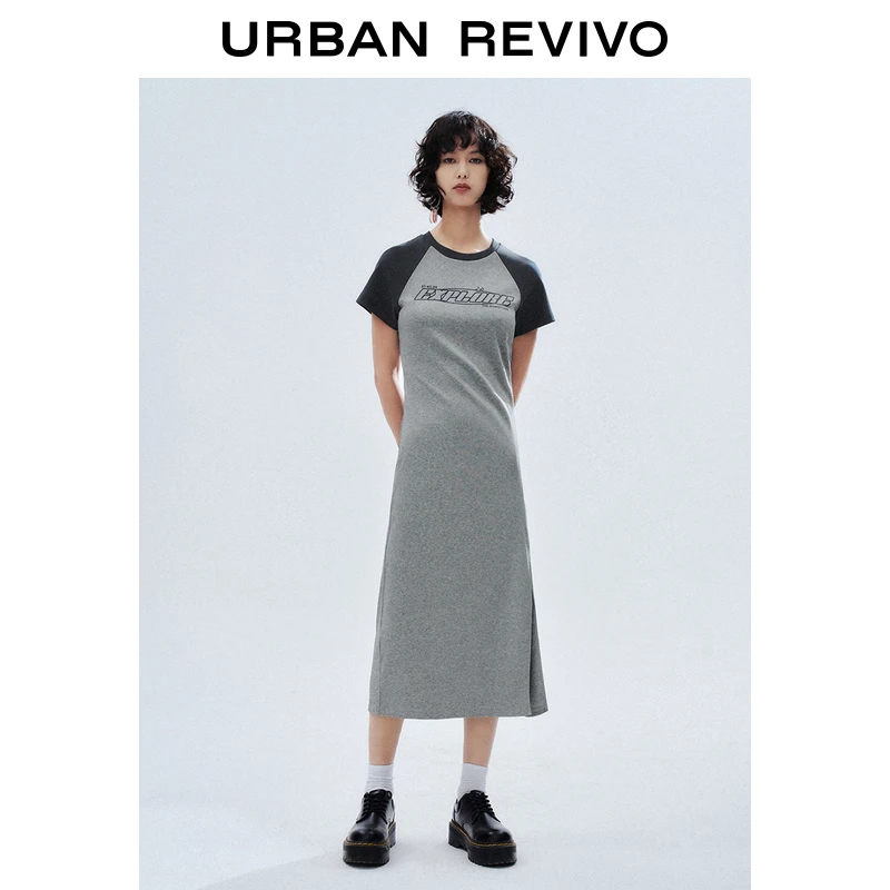 UR2025春季新品女欧若风撞色字母刺绣修身开衩连衣裙UYY750025