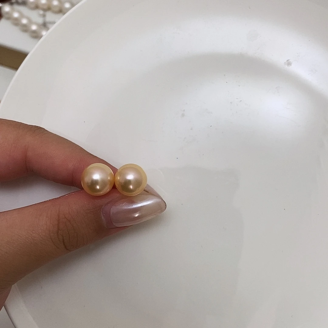 香槟金珍珠耳钉11m银S925镶嵌淡水珍珠