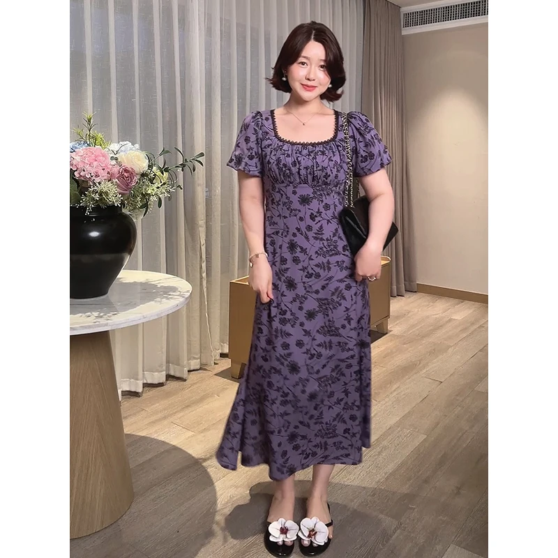 【智雅微胖定制】【紫韵花丛】夏季气质蕾丝花边印花连衣裙Z525Q10847
