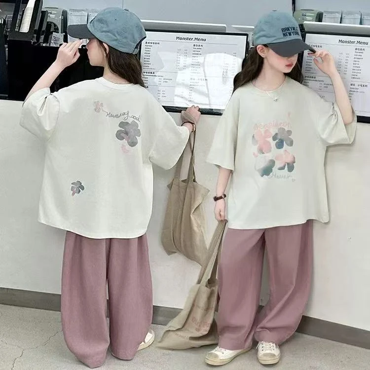 505003 韩版女童舒适时尚洋气百搭夏季休闲花朵T恤印花短袖