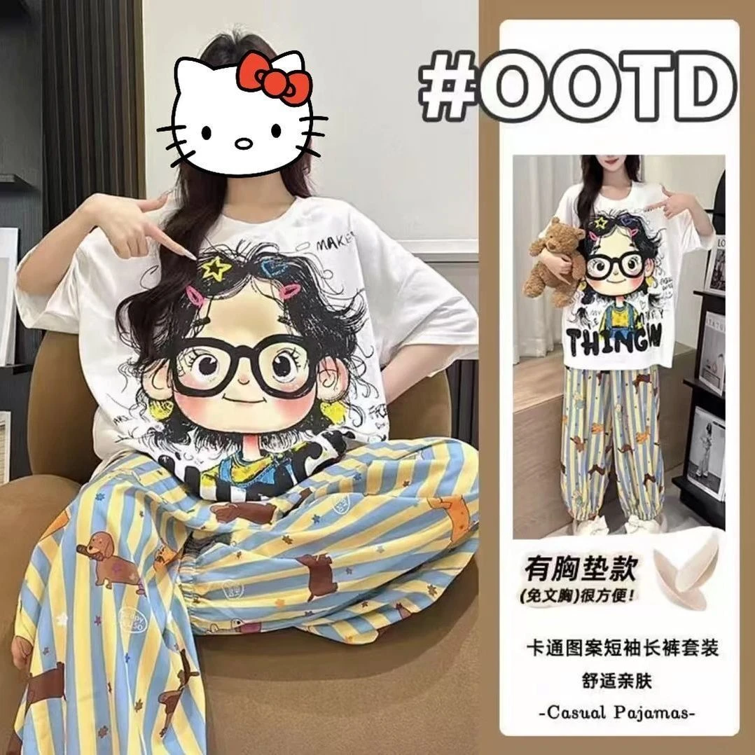 【胸垫版】2025带胸垫睡衣女夏季短袖长裤三件套卡通卷发女孩家居服