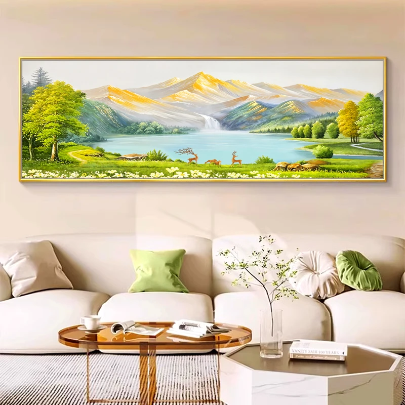 轻奢高级感山水聚宝盆D客厅沙发背景墙挂画油画风家居装饰画
