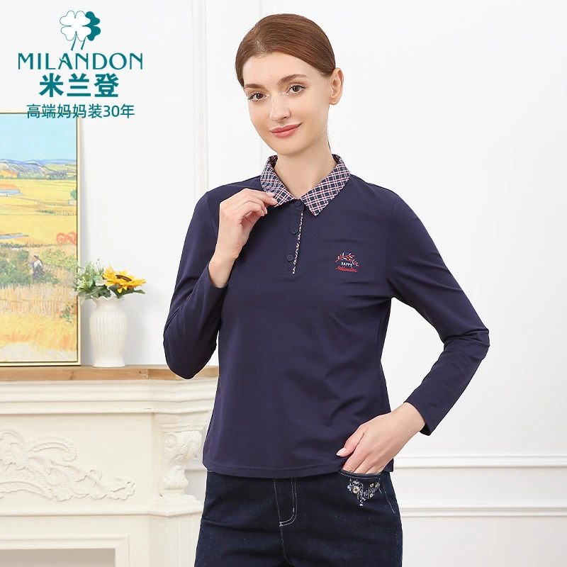 MILANDON/米兰登2025秋季长袖翻领T恤女透气新款Polo领1Q3T1104X