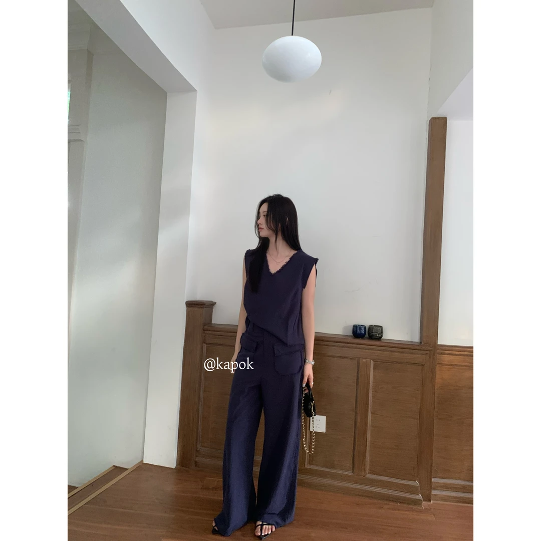 25285#KAPOK#(两件套)V领毛边麻料上衣+显瘦后面松紧休闲裤（福利）