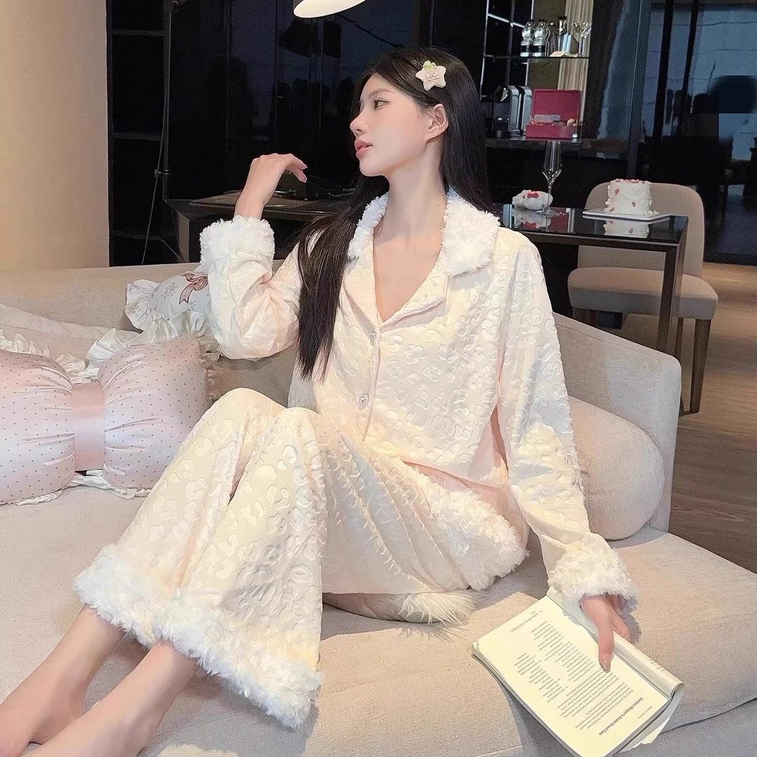 【现货】豹纹韩版ins风宽松舒适甜美双面海岛绒百搭家居服套装