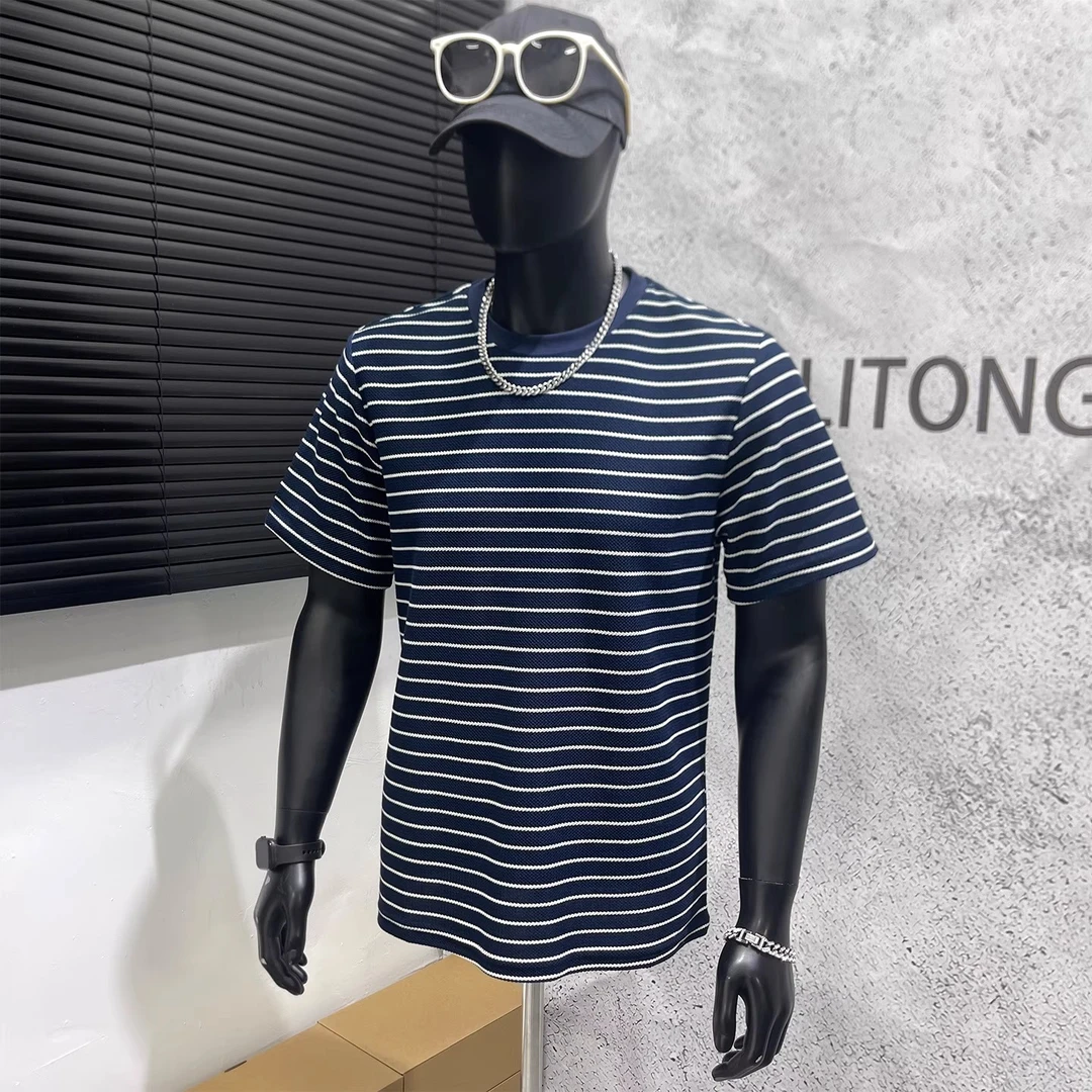 高端经典条纹圆领短袖t恤男夏季潮牌男士半袖休闲百搭体恤上衣潮