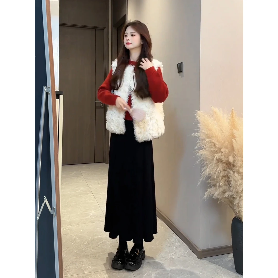 小香风羊羔毛马甲叠穿毛衣套装女2025秋冬巨好看的韩系裙子三件套