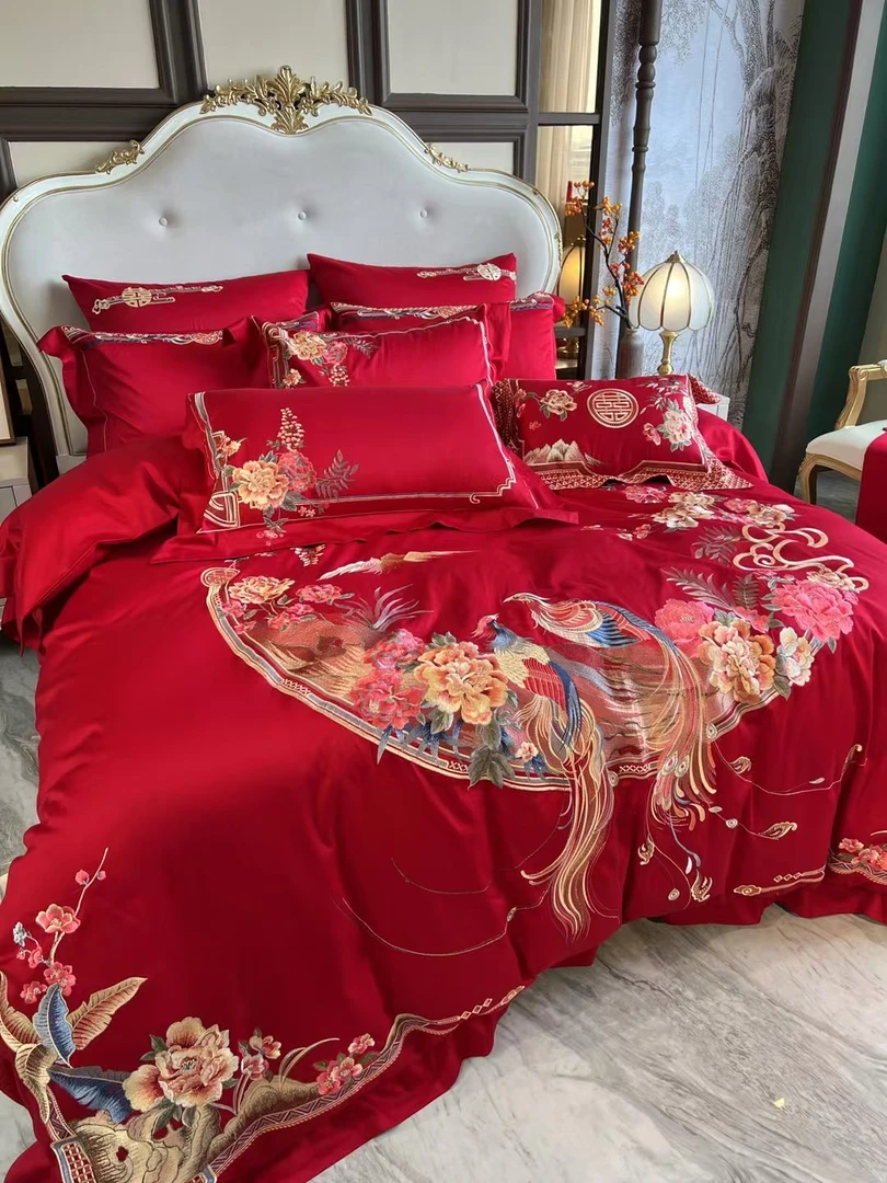 丽丽优选高端孔雀婚庆四件套中式绣花大红色