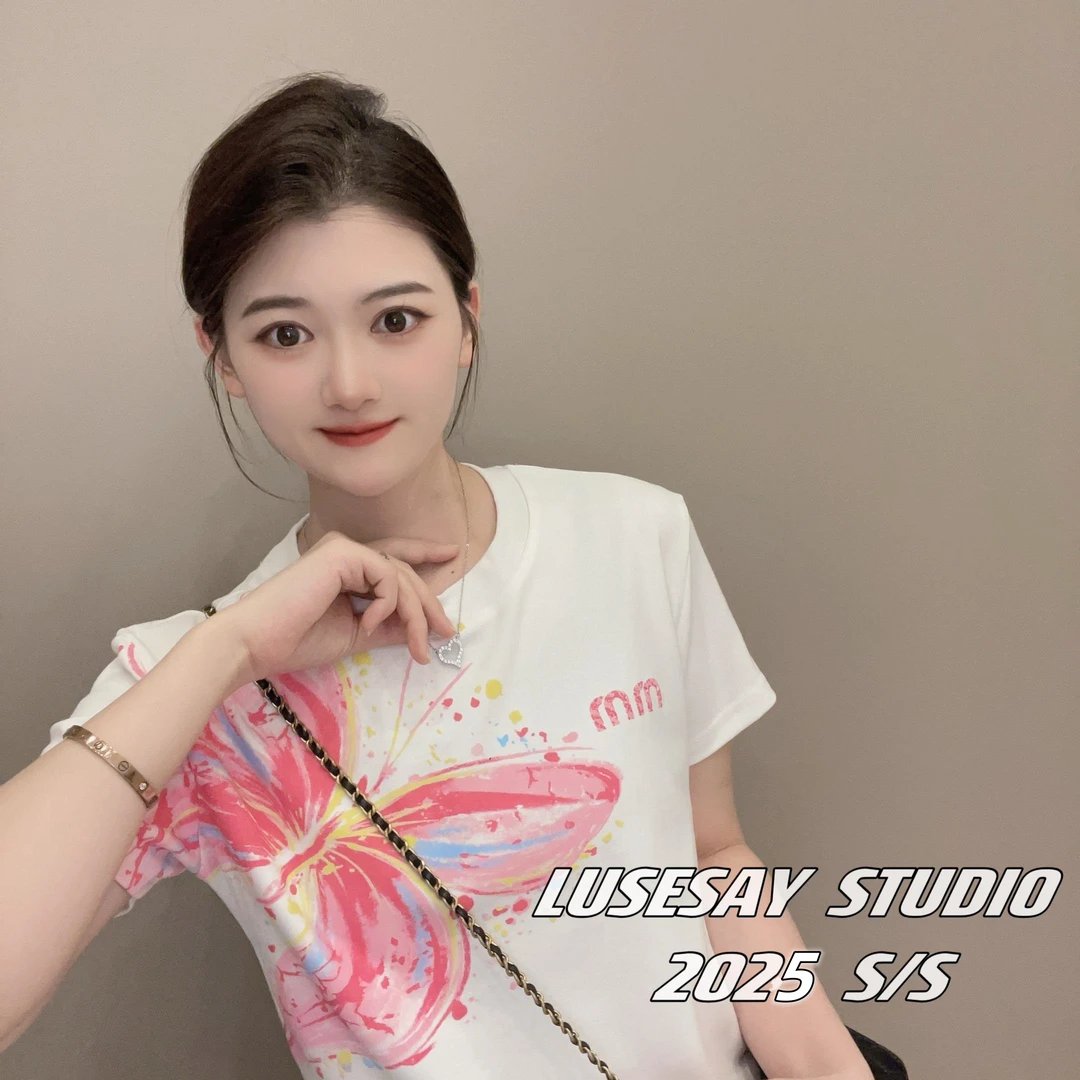 LUSESAY设计感潮流蝴蝶发泡 夏季2025新款 短袖t恤女百搭休闲上衣