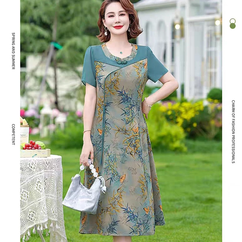 H033妈妈夏装新中式中长款连衣裙2025新款女装气质国风旗袍裙子