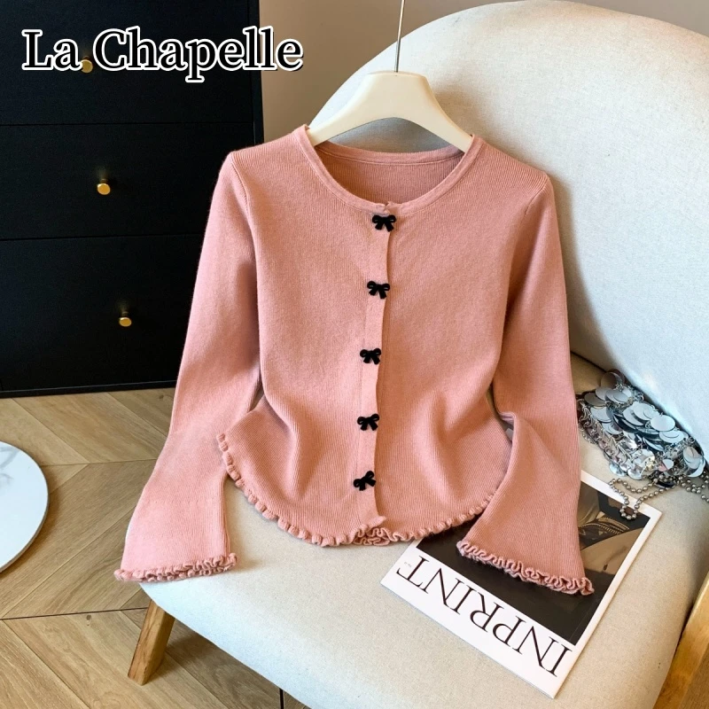 拉夏贝尔秋季新款木耳边针织开衫女百搭设计感蝴蝶结显瘦打底上衣