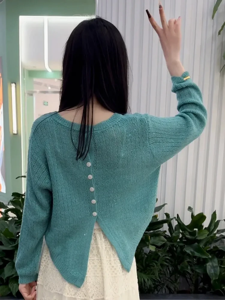 镂空长袖法式气质百搭后背纽扣针织衫纯色上衣
