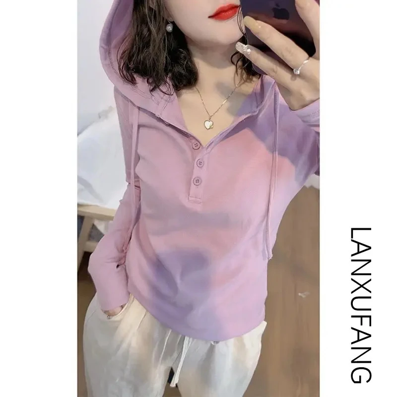 设计感时尚连帽长袖t恤上衣女2025秋季新款大码宽松休闲女士卫衣