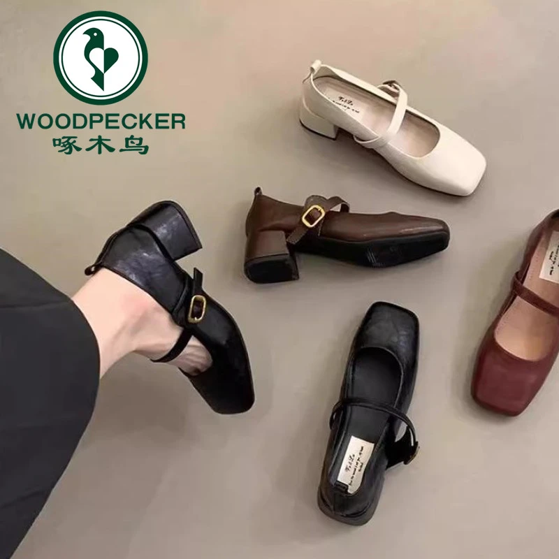 啄木鸟法式复古方头浅口单鞋女中跟春秋气质仙女粗跟玛丽珍小皮鞋
