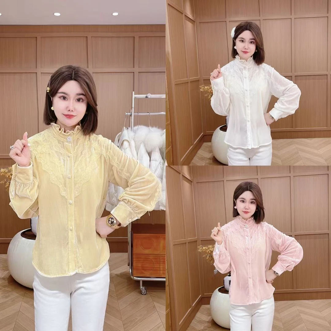 闺蜜精品111602【花非花】蕾丝菲边丝绒衬衫