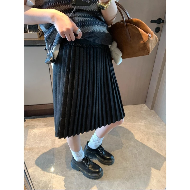 摩且早春新款韩系减龄学院风松紧腰显瘦A字百褶半身裙MQ1087