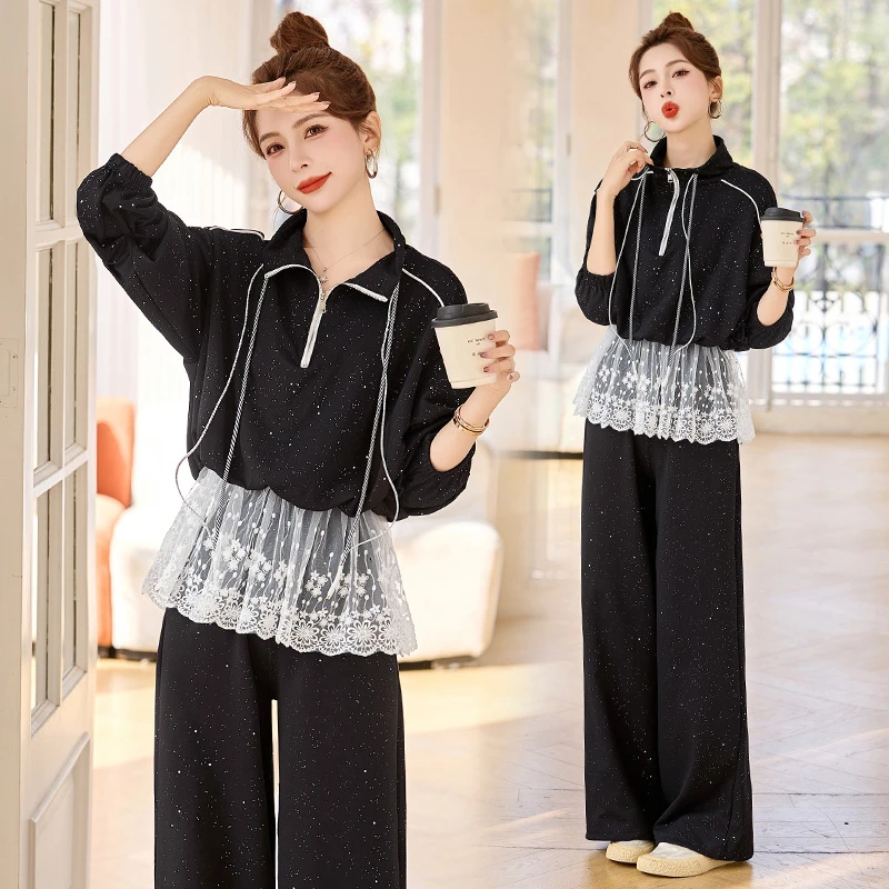 2025春季新款韩版时尚休闲运动套装女宽松显瘦卫衣阔腿裤两件套潮