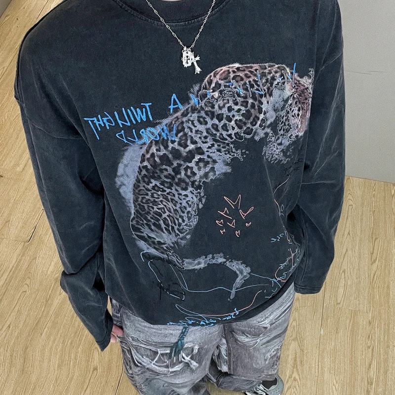 【豹豹涂鸦】美式休闲设计感小领口宽松字母印花长袖T恤来财来豹