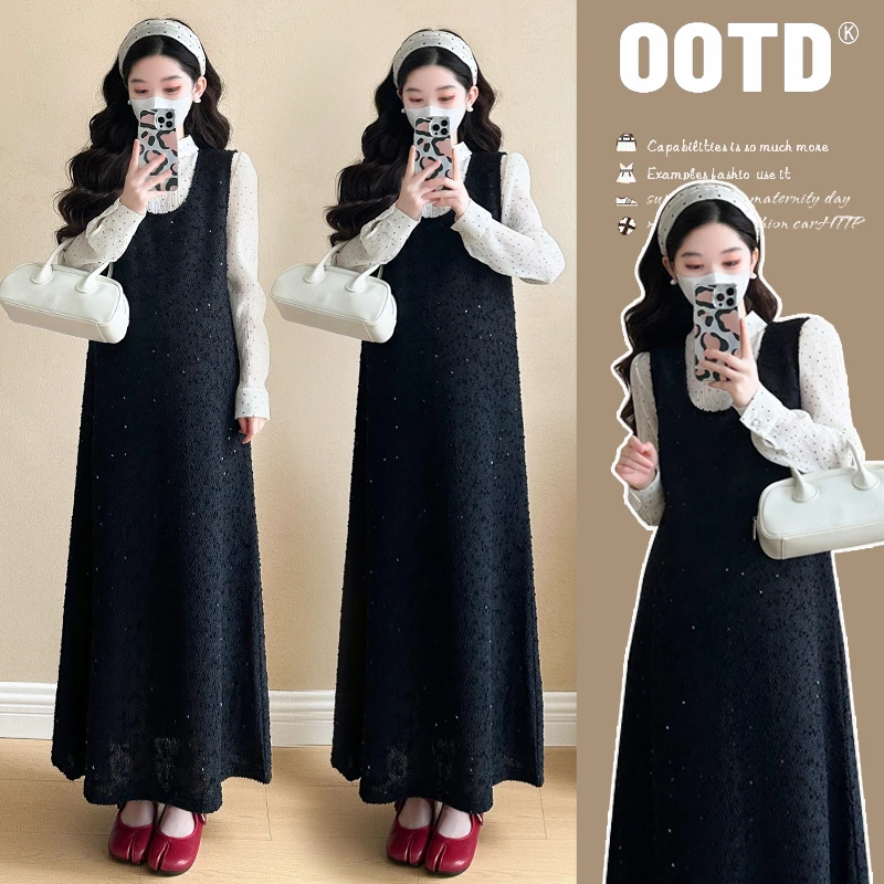 MIMI~2025秋季新款孕妇版气质亮片背带裙+植绒波点雪纺打底衫套装