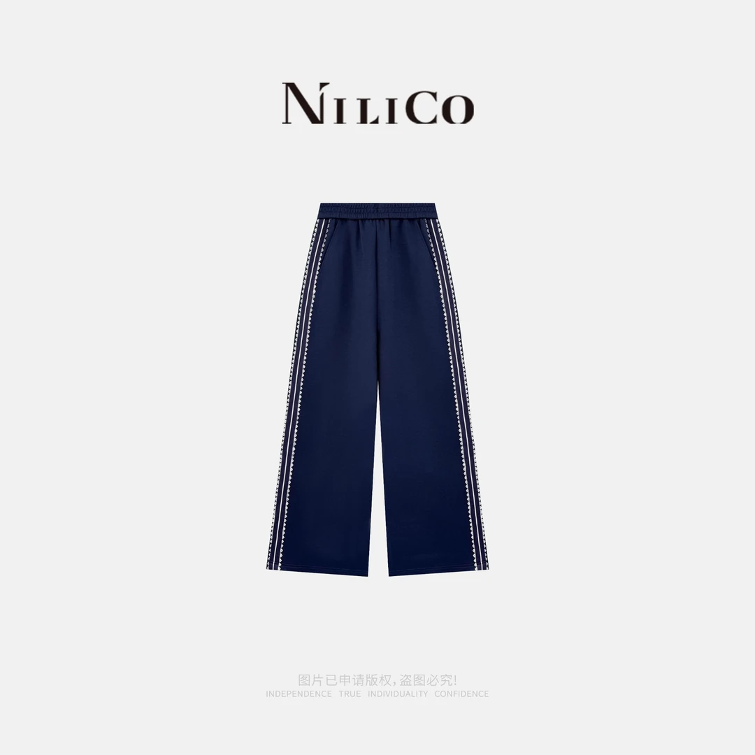 NILICO【青春波动】时尚休闲条纹花边拼接运动直筒针织裤