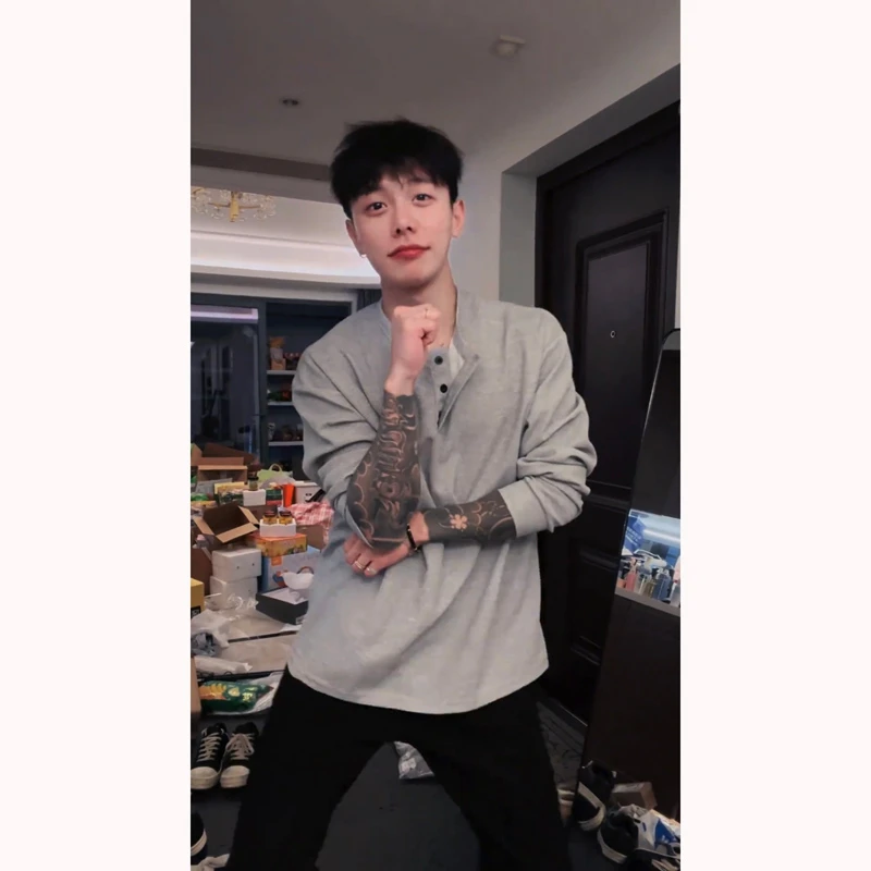 斌子同款亨利领长袖t恤男春秋美式复古百搭卫衣polo领内搭打底衫