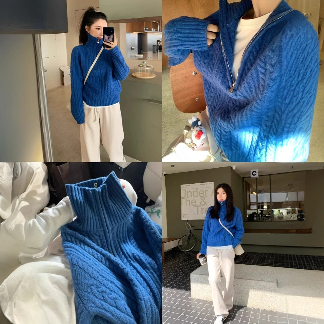 高级感慵懒风超好看宽松设计感克莱因蓝半拉链麻花毛衣女2025春季