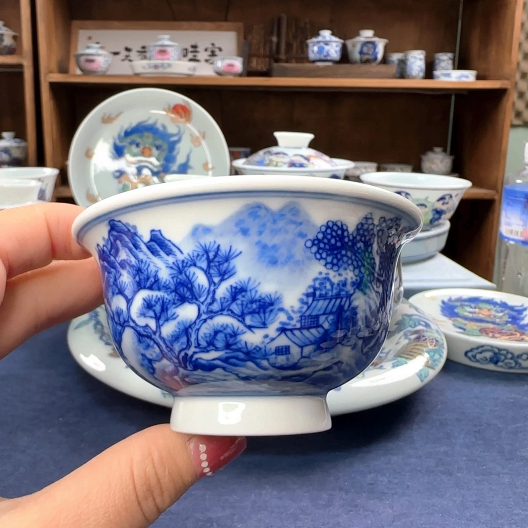 陶景德镇手绘青花山水小压手