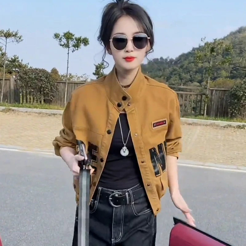 纯棉2025年春季新款潮流立领短款外套女显高显瘦百搭洋气夹克上衣