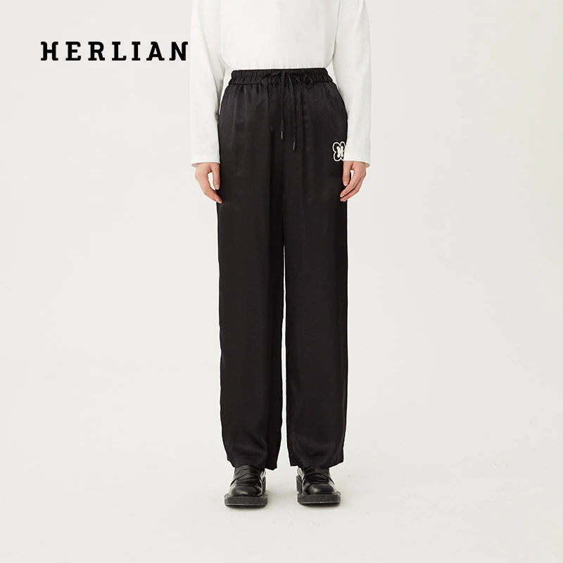 HERLIAN 针织LOGO醋酸抽绳休闲阔腿裤