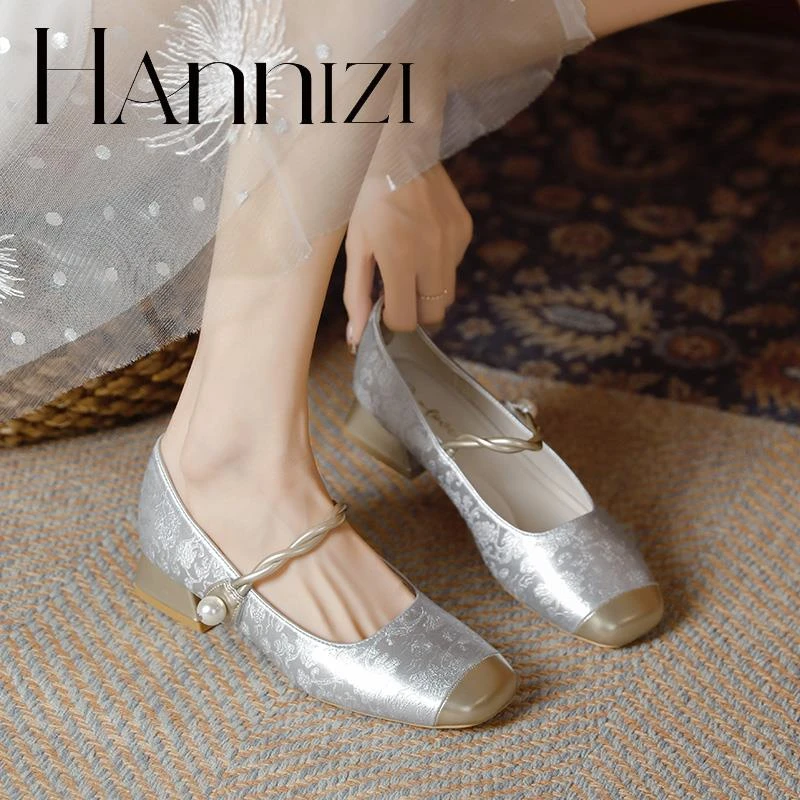 hannizi银色单鞋女2025一脚蹬粗跟新中式国风配旗袍百搭玛丽珍鞋