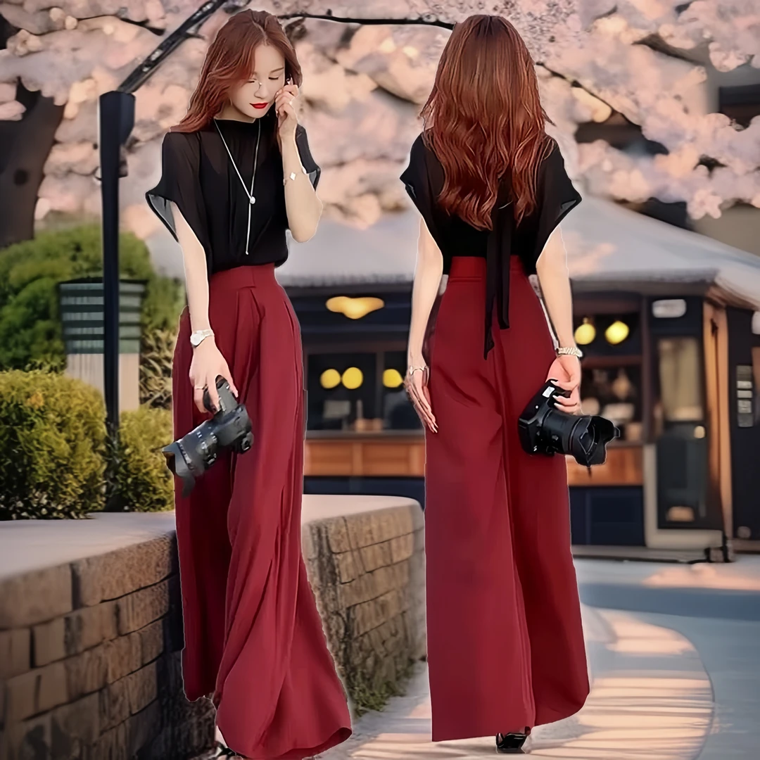 法式时尚套装女爆款新款显瘦雪纺短袖高腰阔腿裤减龄两件套女红色