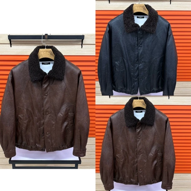 909➕冬季男士新款翻领毛领加厚保暖复古潮流PU皮夹克外套