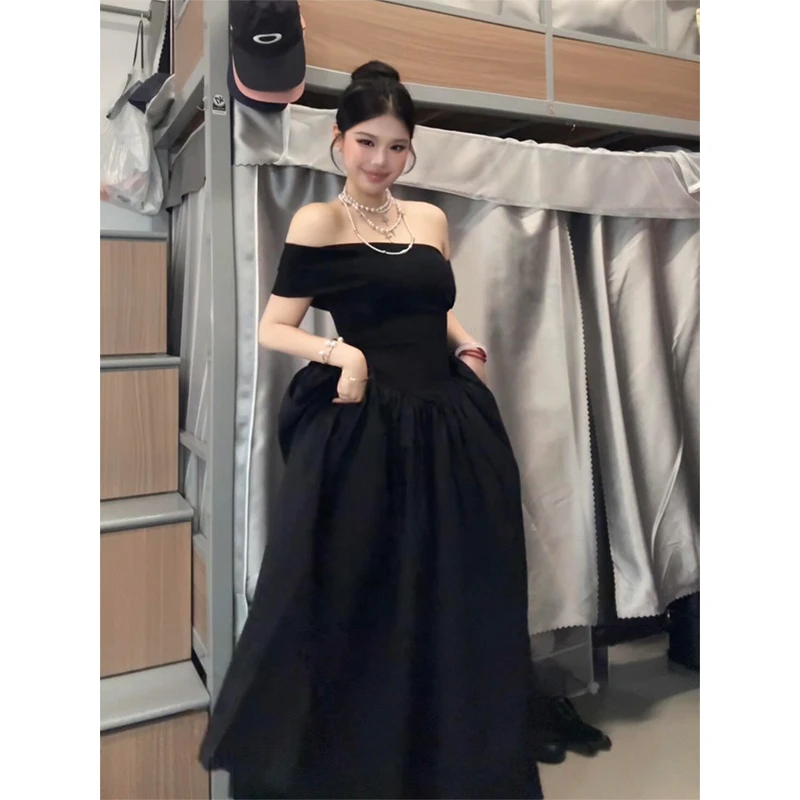 黑色赫本风一字肩连衣裙夏季绝美高级感法式漂亮掐腰长裙子礼服
