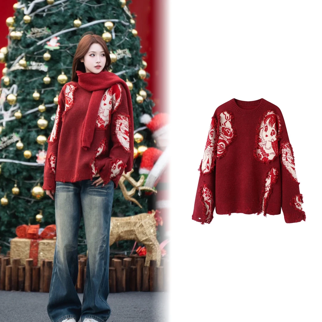 【1225】设计师款高级感超重工时尚羊毛宽松圆领套头毛衣针织衫女