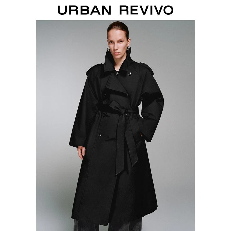 UR2025冬季新款女装潮流通勤翻领双排扣腰带风衣UWJ150119