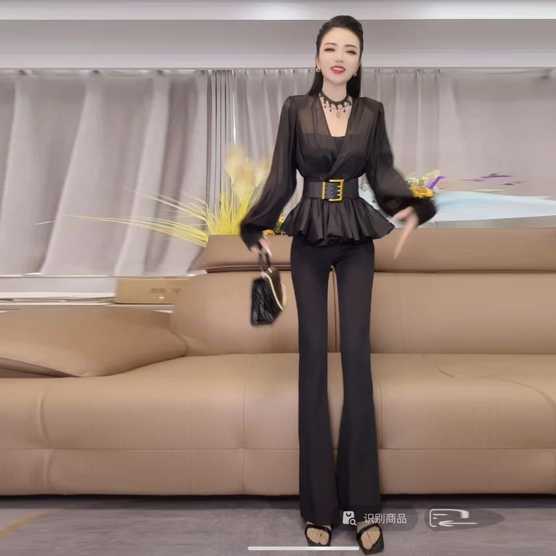 网红新款时髦重工v领纯色宽松显瘦气质收腰长袖衬衫女285#