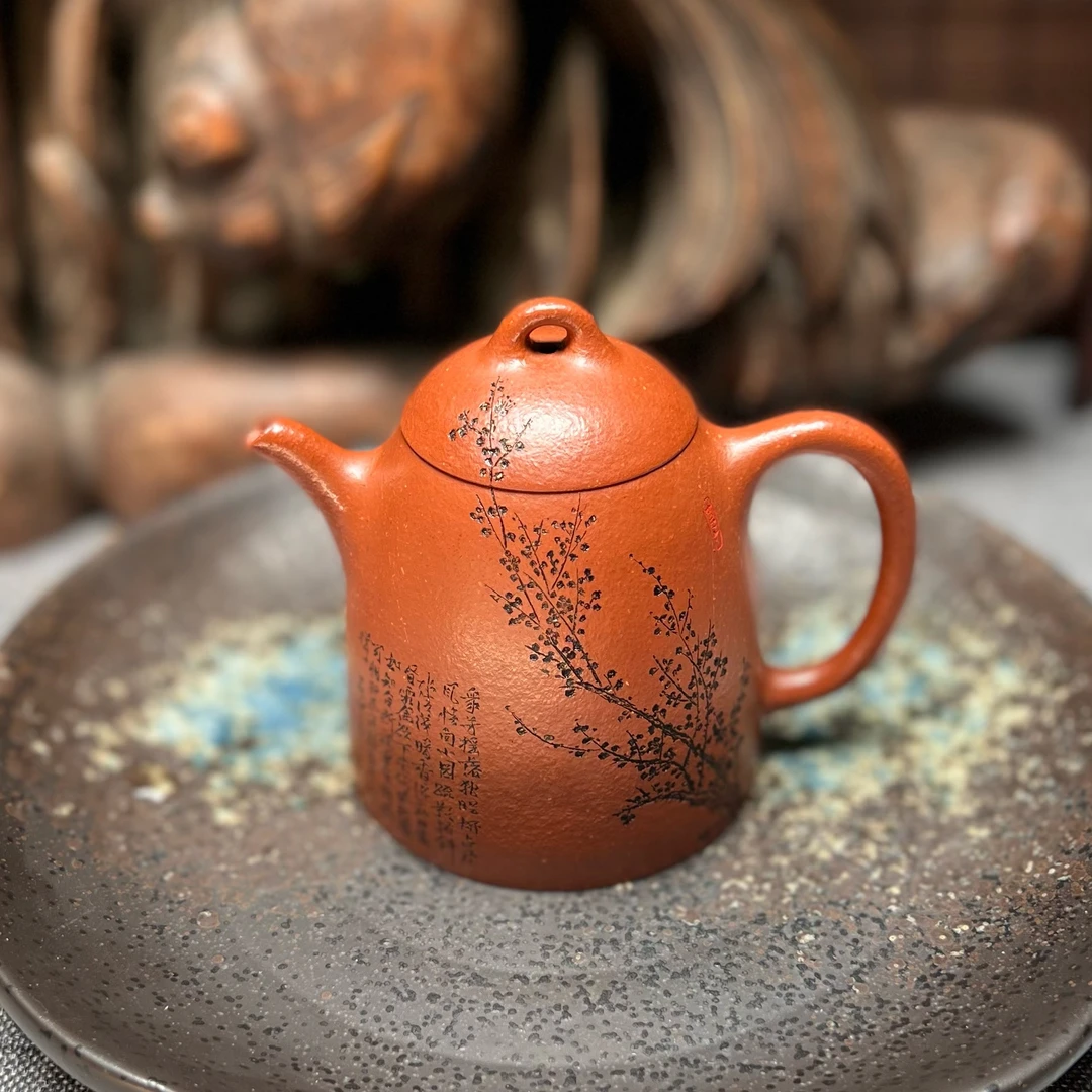 宜兴紫砂壶精工秦权壶140cc原矿红降坡纯手工刻绘国潮中国风茶壶