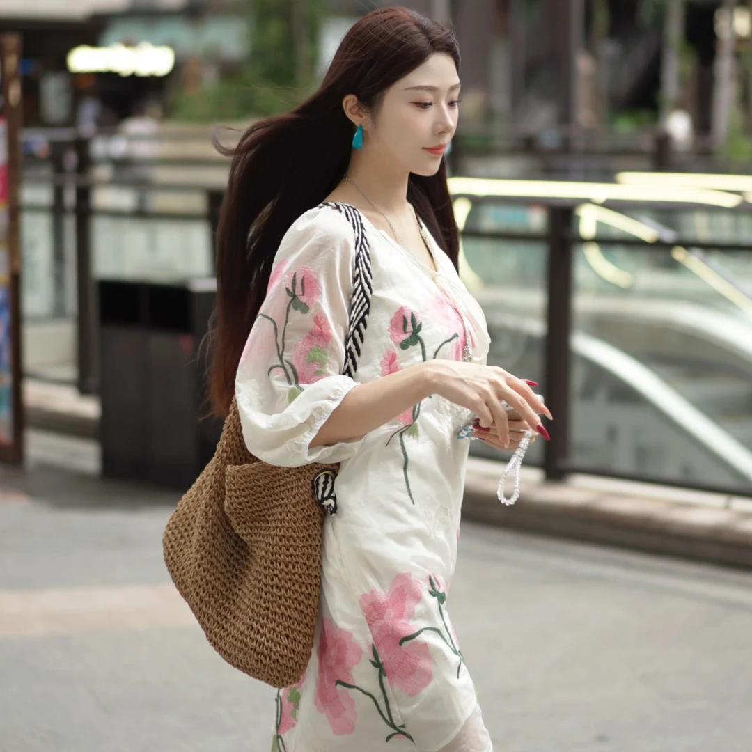 B55863锦绣未央通勤百搭宽松裙子连衣裙女装短袖绣花时尚套装文艺