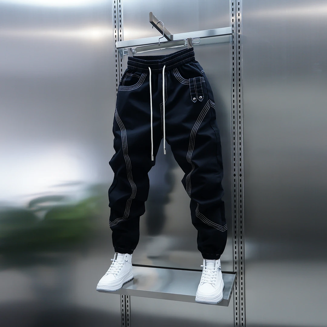 2025春季新款男士休闲裤潮流拼接束脚裤青少年韩版时尚小脚哈伦裤