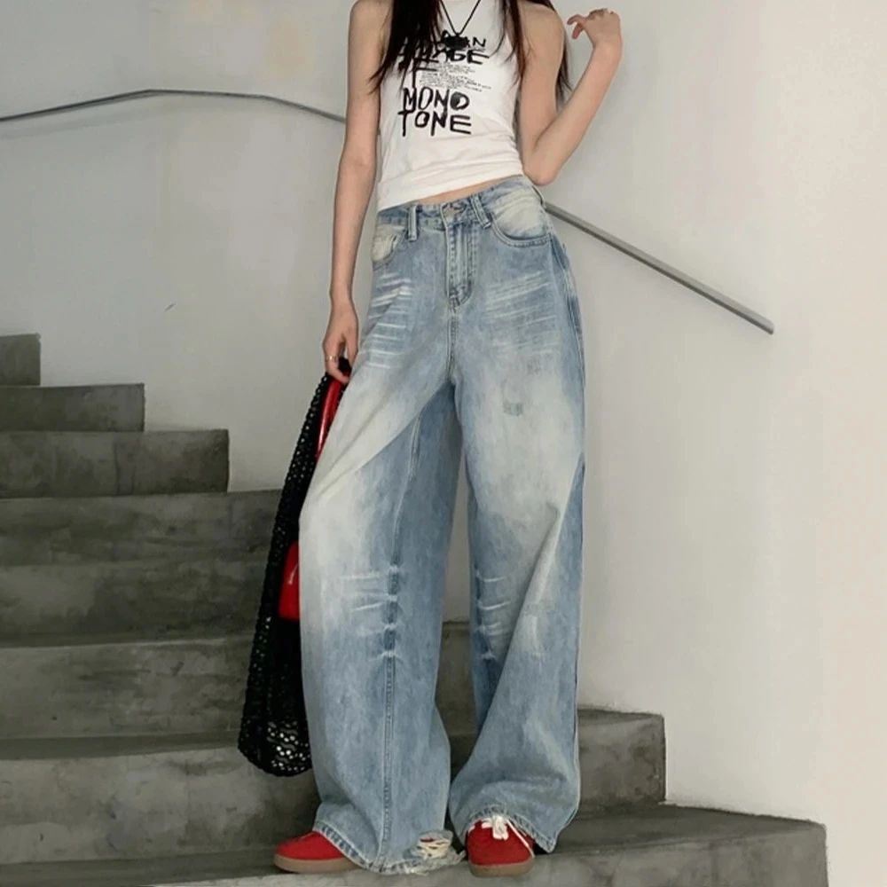 美式复古做旧水洗破洞牛仔裤男女同款显瘦直筒阔腿拖地裤子ins风