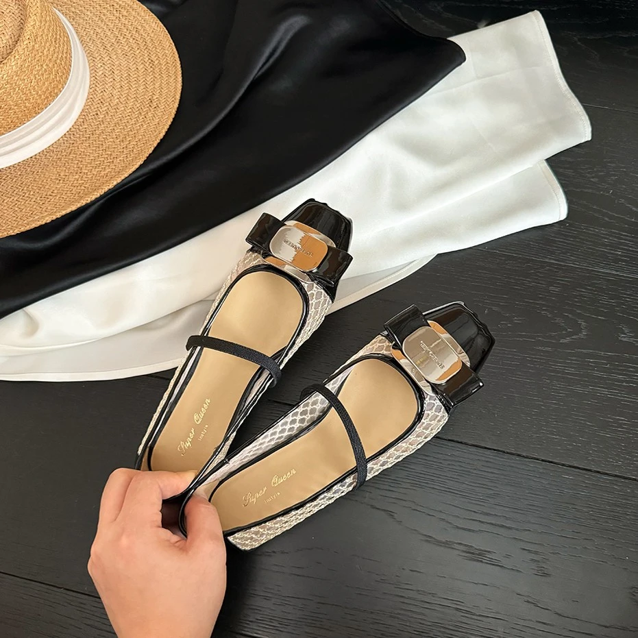 菲家方头蝴蝶结编织网布透气软底单鞋女