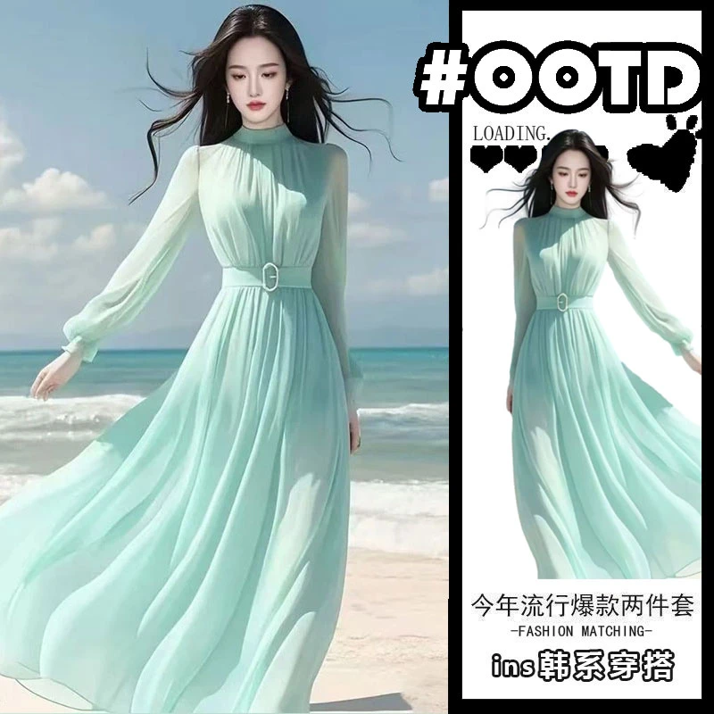 超美气质女神范温柔风绝美长裙高级感海边度假蓝色雪纺连衣裙子春