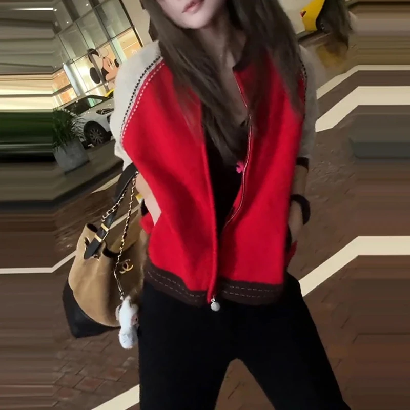 DJM711早秋开衫外套女秋季新款宽松拼色上衣外搭小众短款棒球服
