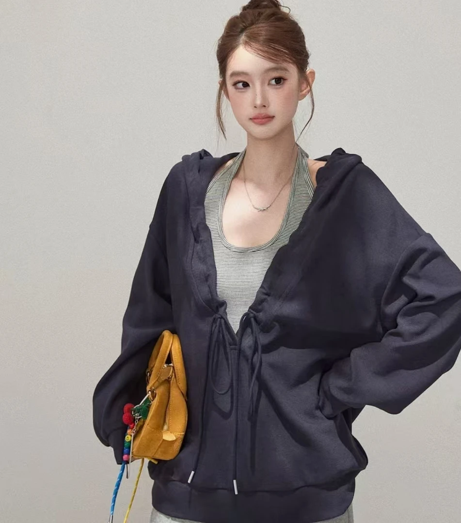 连帽秋季宽松抽绳卫衣条纹吊带衫两件套女2025秋冬季百搭显瘦上衣