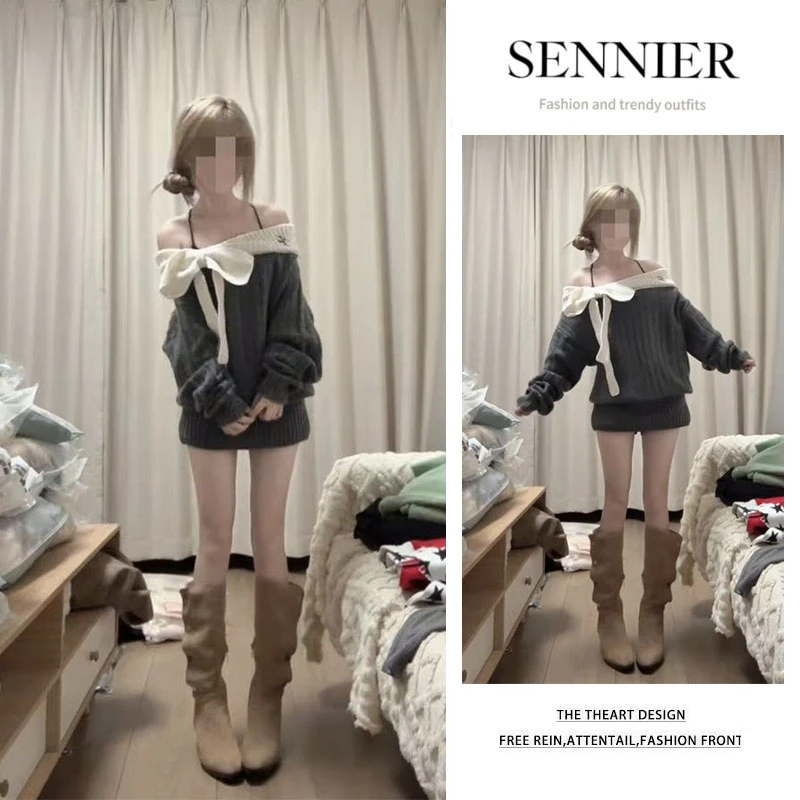 今年流行漂亮穿搭2025秋季新款一字肩蝴蝶结连衣裙百搭长袖针织衫