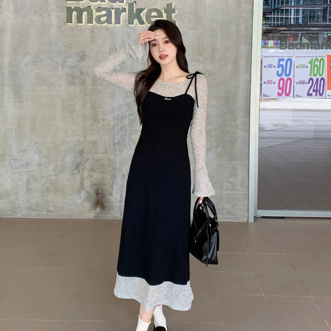 大码女装2025胖mm秋季新款法式假两件修身喇叭袖连衣裙