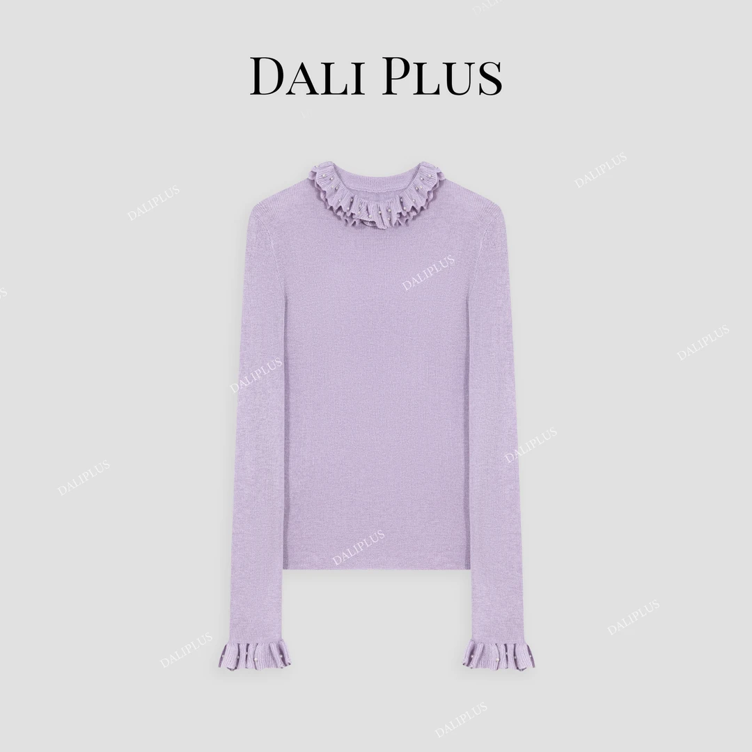 DALI PLUS绵羊 毛法式风木耳边钉珠针织毛衣上衣-D4CH0218