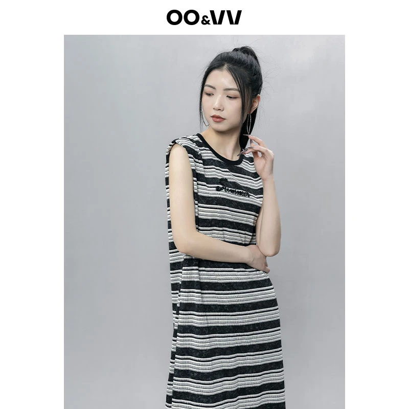 OO&VV条纹无袖连衣裙女2025夏新款撞色U领时尚休闲时髦气质背心裙