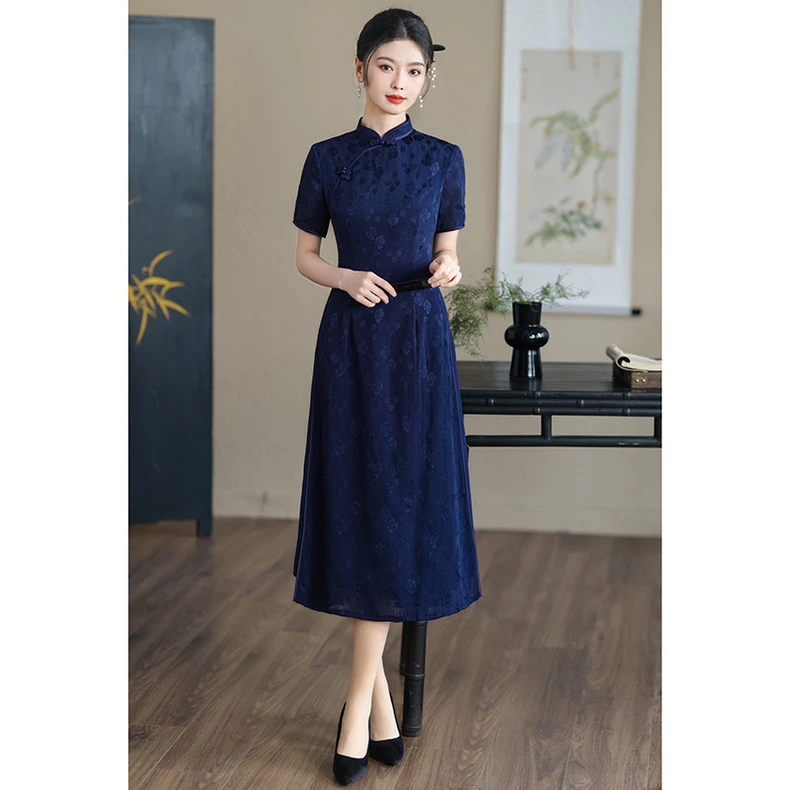 【蓝夕】中国风高端改良旗袍中长款显瘦气质高贵日常妈妈装