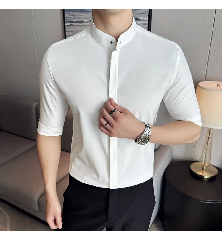 夏季立领冰丝衬衫男高级感修身衬衣男装2025新款韩版潮流休闲中袖